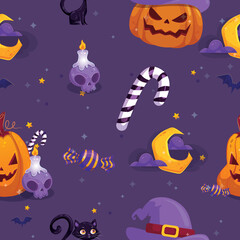 Sticker - Seamless halloween purple repeating pattern with pumpkin, skull, candle