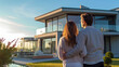 young couple standing and hugging together looking happy in front of their new house to start new life. Generative Ai
