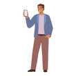 © Sensvector - Vector male hold smartphone in hand, presentation information in mobile application. Young man show phone screen isolated flat cartoon character, guy show empty display