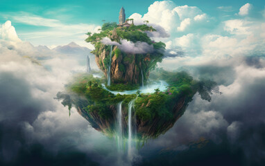 Wall Mural - Floating island landscape with clouds. Generative AI.