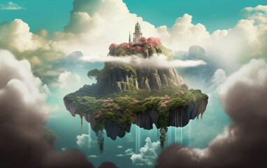Wall Mural - Floating island landscape with clouds. Generative AI.