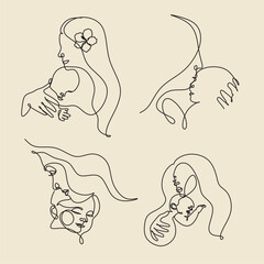 Wall Mural - Woman holding baby minimal one line art. Mother and child. Young mom hugging baby on floral background. Vector illustration for Happy International Mother's Day card, loving family, parenthood concept