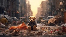 Children's Teddy Bear Toy Sits In The City Garbage Generative AI
