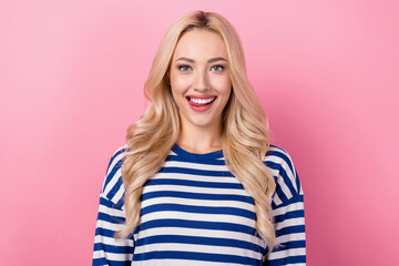 Sticker - Photo of young optimistic woman wear striped pullover tongue teeth tongue girlish wavy blonde flirting isolated on pink color background