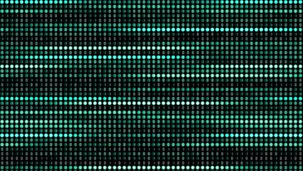 Binary code on screen with round glowing blue pixels. Variable digital computer code of ones and zeros. Looped animation with numbers in diodes.