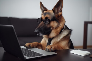 Wall Mural - Dog businessman in a tie and glasses works at a laptop in the office, AI Generated