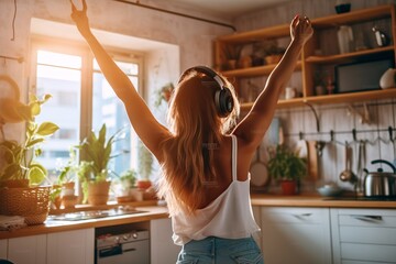 Wall Mural - Rear view of a joyful girl dancing freely in her home, wearing a casual white vest and blue denim jeans. She has headphones on