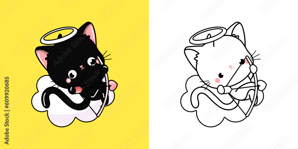Black Kitten Clipart for Coloring Page and Multicolored Illustration ...