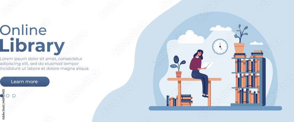 Library Page Graphics Online library concept. Layout for website page. Vector banner for ...