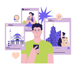 Wall Mural - positive aspect of social networks. character learning new information