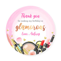 Wall Mural - Birthday Thank you tag. Beautiful spa party favor card background decorated with makeup products. Vector illustration 10 EPS.