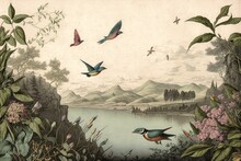 Vintage Lake Background With Plants And Birds Flying And Swallow In A Landscape With Butterflies And Flowers, Generative Ai