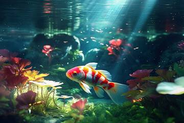 Wall Mural - A serene aquarium with graceful koi fish swimming in a pond, representing the tranquility and beauty of ornamental fishkeeping. Generative AI technology.