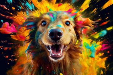 Poster - An vibrant photograph of a Dog splashed in bright paint, contemporary colors and mood social background.  Generative AI technology.