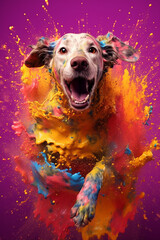 Poster - An abstract surreal photograph of a Dog splashed in bright paint, contemporary colors and mood social background. Generative AI technology.