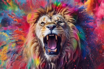 Naklejka na meble An vibrant photograph of a Lion splashed in bright paint, contemporary colors and mood social background.  Generative AI technology.