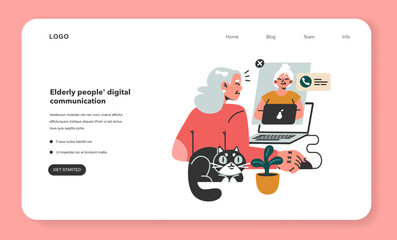 Wall Mural - modern old female character using internet and computer web
