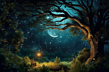 Aufkleber - An enchanting paper-cut scene of a starry summer night, with cutouts of constellations, fireflies, and a moonlit sky,  Generative AI technology.