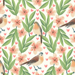 Wall Mural - Seamless pattern with birds in the spring cherry garden.