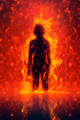 Poster - A surreal illustration of a person's silhouette engulfed in vibrant flames, symbolizing passion, creativity, Generative AI technology.