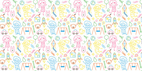 Colorful funny Boys, Girls seamless pattern doodle style. Cute happy kids repeating print. Childish background, texture for textile, fabric, wrapping. Flat graphic vector illustration