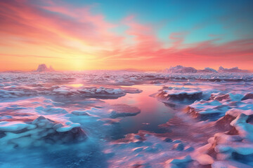Poster -  a frozen landscape at sunset, with the sky ablaze in hues of orange and pink, contrasting against the icy blue tones of the frozen terrain. Generative AI technology.
