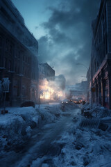 Aufkleber - a frozen city street, with buildings, streetlights, and vehicles covered in a thick layer of frost,  Generative AI technology.