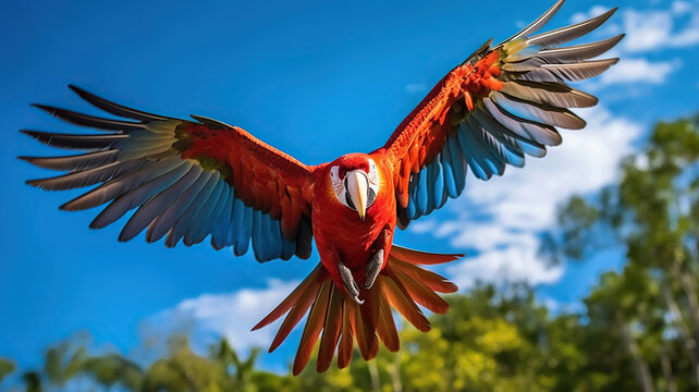 Scarlet macaw parrot open wings flying birds vivid color red body. Generative Ai