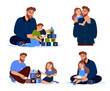 Set of Father and Child activities.Happy Smiling Dad Playing with Kid.Father,Dad Spend time with Kids, Girls and Son.Father in Decree with Children.Have Fun Together.Flat Vector Illustration Isolated