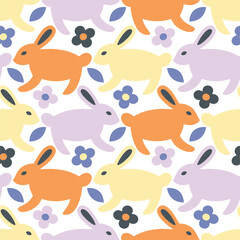 Wall Mural - Vector seamless pattern design with jumping rabbits in a flowery meadow.