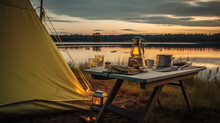 Twilight Oasis: An Award-Winning Camping Retreat On The Swedish Lakeshore. Generative AI
