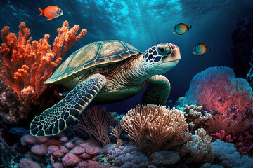 Wall Mural - Big turtle underwater on a reef background, beautiful underwater life in coral reefs, generated ai