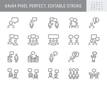 Talking People Line Icons. Vector Illustration Include Icon - Teamwork, Business Agreement, Teamwork, Discussion Outline Pictogram For Meeting Communication. 64x64 Pixel Perfect, Editable Stroke