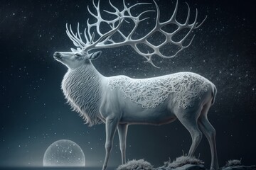 Wall Mural - A white stag stands amidst a starry sky, the moon shining through it's antlers, Generative ai