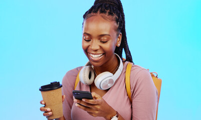 Poster - Phone, music and coffee with a black woman in studio on a gray background listening to the radio. Mobile, social media or headphones and a young female streaming an audio playlist with a drink