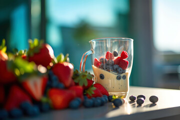 composition of glass of fresh berry milkshake smoothie on the table. raspberries, strawberries, blueberries., Generative AI