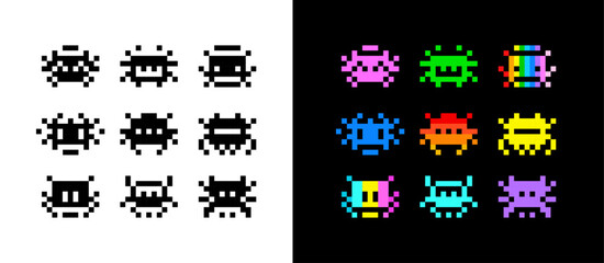Vector 8-bit space arcade style poster. Pixel Art colorful icons set in retro video game style isolated on white background