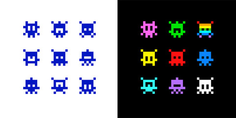 Pixel Art Icons for space arcade game. Simple space pixel icons and symbols for print dsgn. Funny UFO aliens and robots in 8-bit retro game style. Vector illustration Isolated on white  background