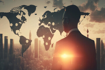 a businessman engages in data exchange, cloud computing, and global business concepts, the power of digital technology in connecting businesses worldwide. Generative AI.