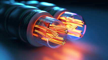 Fiber optics network cable on technology background. Generative Ai