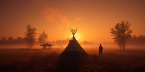 Wall Mural - AI Generated. AI Generative. Native american western camping indian tent wigwam. Lonely fog mist mystic morning vibe. Graphic Art