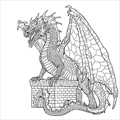 Wall Mural - Dragon coloring page. Fantasy vector illustration with mythical creature. Dragon drawing coloring sheet.	