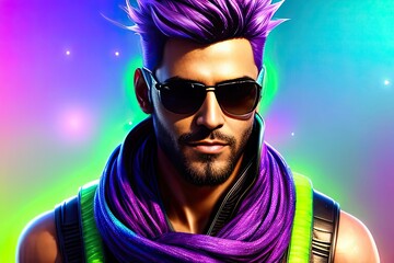 Brutal man hipster in sunglasses. Portrait of a man with beard and mustache in clothes and hairstyle of neon colors background. The concept of a nightclub or disco. Generative AI