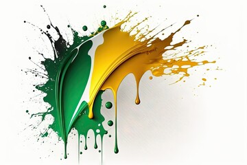 Wall Mural - Splashes and drops of green, white and yellow paint on a white background