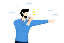 Whistleblower Business Insider Mistake To Disclose Information Illegally To Public Concept, Businessman Blowing Whistle Pointing Signal To Inform Others. Flat Vector Illustration On A White Background