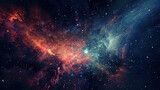 Fototapeta Kosmos - Deep space cosmos blowing away and turning into pointillism dust points with nebula on the background