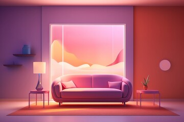 Modern living room with purple sofa. AI generated art illustration.
