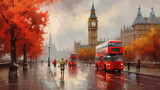 Fototapeta Londyn - oil painting on canvas, street view of london. Artwork. Big ben. man and woman under a red umbrella, bus and road. Tree. England (ai generated)