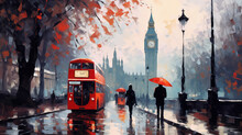 Oil Painting On Canvas, Street View Of London. Artwork. Big Ben. Man And Woman Under A Red Umbrella, Bus And Road. Tree. England (ai Generated)