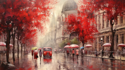 oil painting on canvas european city. Hungary. street view of Budapest. Artwork. people under a red umbrella. Tree. Night and moon (ai generated)